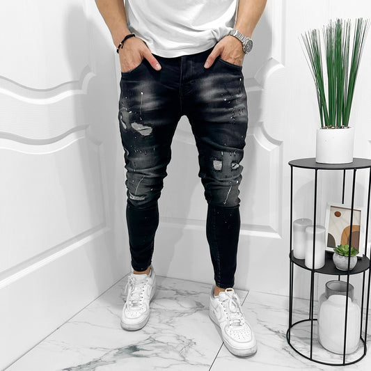 Мъжки черни SLIM FIT дънки с кръпки пръски "Matheus"