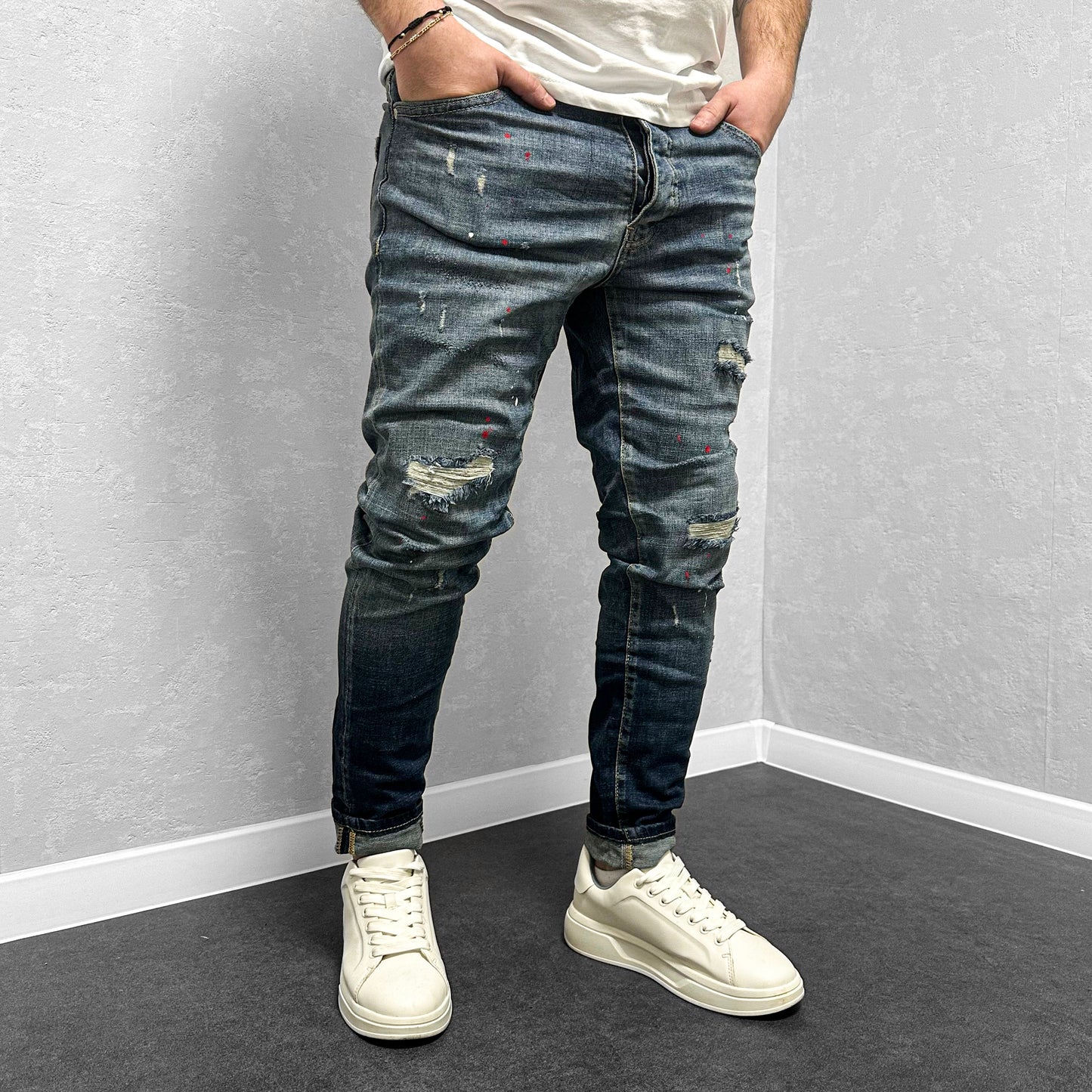 Мъжки дънки с кръпки и пръски "Ferrnando"