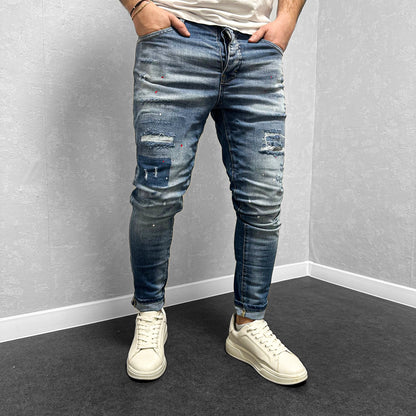 Мъжки накъсани дънки с пръски "Moneyes"