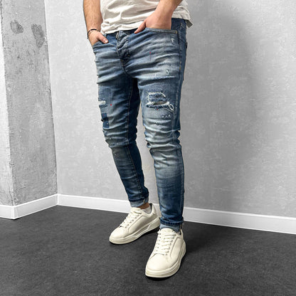 Мъжки накъсани дънки с пръски "Moneyes"