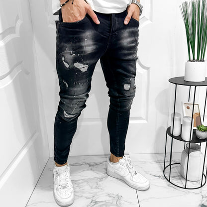 Мъжки черни SLIM FIT дънки с кръпки пръски "Matheus"