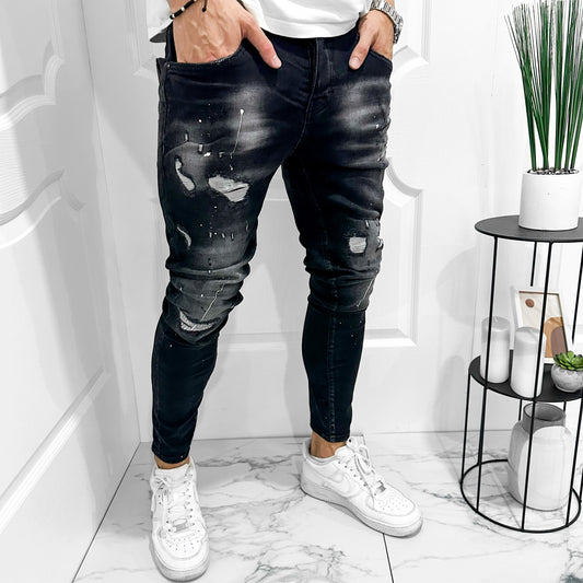Мъжки черни SLIM FIT дънки с кръпки пръски "Matheus"
