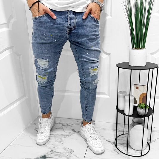 Мъжки SLIM FIT дънки с кръпки и пръски "Joaquin"